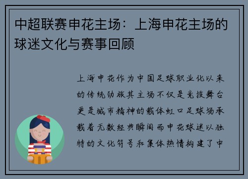 中超联赛申花主场：上海申花主场的球迷文化与赛事回顾